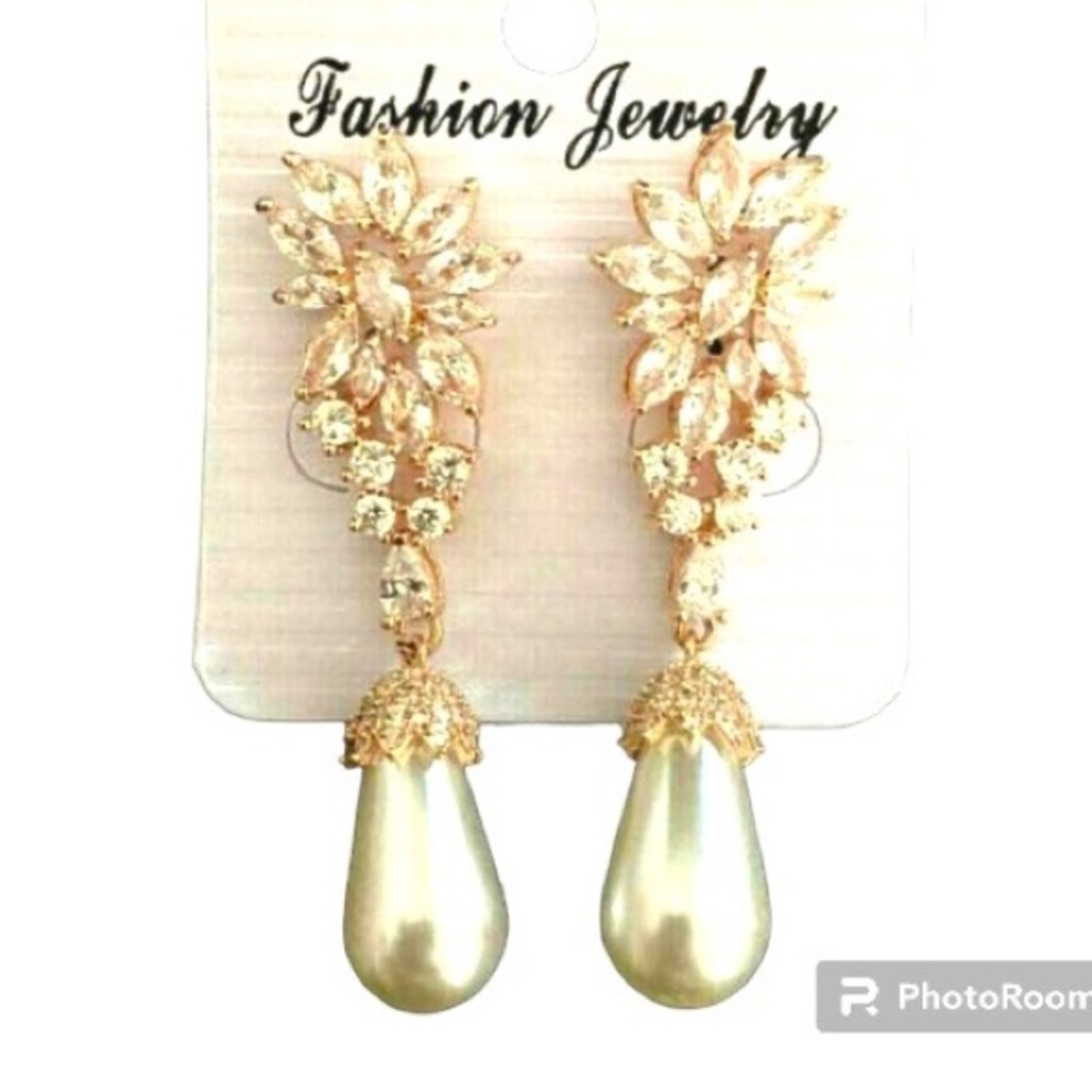 Wedding Earrings Cubic Zirconia Leaf Dangle Gold Pearl Earrings Drop